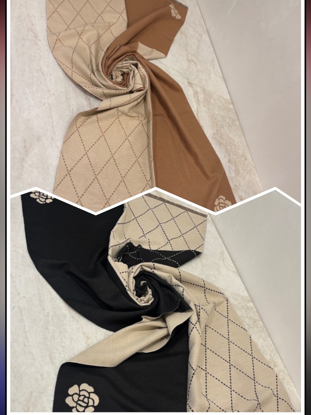 MOBAAK 2025 Autumn-Winter Beige & Black Camellia Scarf Shawl. NWOT